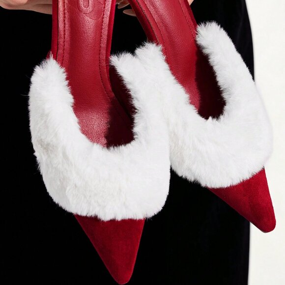 Burgundy Fuzzy Women's Christmas  Heeled Mules - Picture 3 of 7